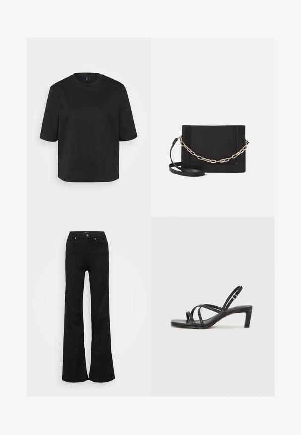Črno majico s kratkimi rokavi iz bombaža z okrožnim ovratnikom, ki ima sproščen kroj. Gladka tekstura brez vidnih vzorcev ali akcentov.; Črne razširjene kavbojke iz denima, z visokim pasom, petimi žepi in kovinskim gumbom za zapiranje. Gladka tekstura z minimalnimi detajli.; Črne natikače s trakovi in kvadratnim prstom ter nizkim blokastim peto. Imajo več tankih trakov in nastavljiv trak okoli gležnja. Narejene so iz gladkega usnja.; Črna usnjena torba čez ramo z gladko teksturo, pravokotno obliko in kovinskim verižnim detajlom spredaj. Vključena je nastavljiva naramnica.; Srebrn dvojni prstan z gladko, polirano površino. Ima tekoč, ukrivljen dizajn z prekrivajočimi se sekcijami za sodoben videz.
