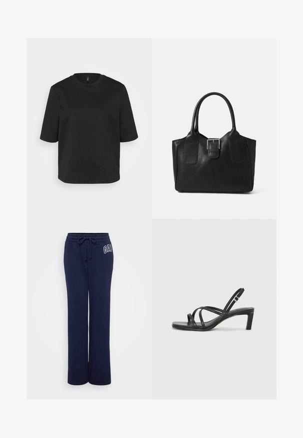 T-shirt preta de gola redonda, feita de algodão, com mangas curtas e um corte descontraído. Textura suave sem padrões ou detalhes visíveis.; Gap Tall HERITAGE BOOT - Calças de fato de treino - navy; Sandal de tiras pretas com biqueira quadrada e um pequeno salto bloco. Apresenta várias tiras finas e uma tira no tornozelo ajustável. Feito de couro liso.; Bolsa tote de couro preta com textura suave, forma estruturada, duas alças e um destaque prateado proeminente na parte da frente.