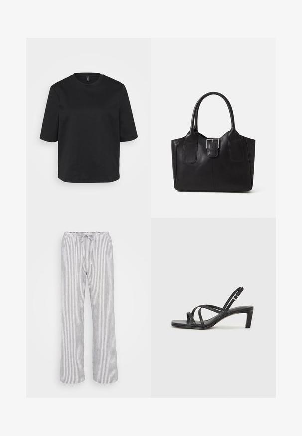 Must t-särk, millel on ümmargune kaelus, valmistatud puuvillast, lühikeste varrukatega ja lõdva lõikega. Sile tekstuur, ilma nähtavate mustrite või aktsendita.; Heled hallid triibulised püksid elastse vöökohtaga, paelaga sulgemine ja laiem jalgade disain. Valmistatud pehmest ja hingavast kangast.; Mustast rihmajalatsid ruudukujulise varba ja madala ploki kontsaga. Omab mitmeid õhukesi rihmasid ja reguleeritavat pahkluu rihma. Valmistatud siledast nahast.; Mustgamma nahast kott, millel on sile tekstuur, struktureeritud kuju, kaks käepidet ja esiküljel silmapaistev hõbedane pandla detail.