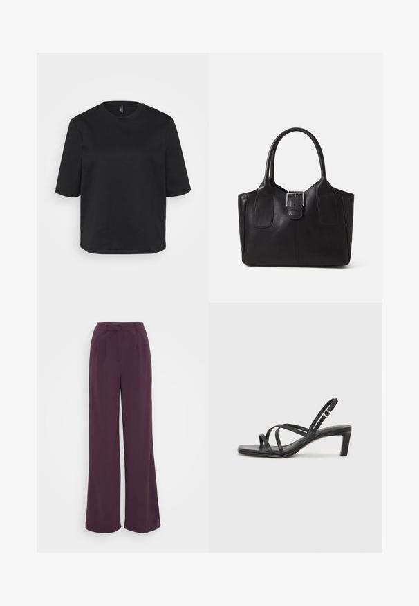 Melnā apģērbojamo crew-neck T-kreklā, izgatavotā no kokvilnas, ir īsas piedurknes un brīvs piegriezums. Gluda tekstūra bez redzamām rakstām vai akcentiem.; Platas kājas bikses dziļi purpura krāsā. Ar pielāgotu jostasvietu ar krokām. Gluda tekstūra bez redzamām rakstām vai aparatūras.; Melnas strappy sandales ar kvadrātveida purngaliem un zemu bloku papēdi. Ievērojamas ar vairākiem plāniem siksniņām un regulējamu potītes siksniņu. Izgatavotas no gludas ādas.; Melnas ādas somiņa ar gludu tekstūru, strukturētu formu, divām rokturām un izteiktu sudraba sprādzi priekšpusē.