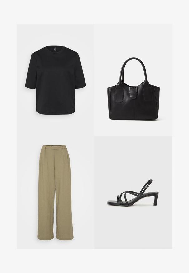 Fekete környakú pamut póló, rövid ujjal és laza fazonnal. Simaszövet, látható minták vagy díszítések nélkül.; Olíva zöld, széles lábú nadrág, amely textúrált anyagból készült, magas derékkal és plisszírozott elülső részletekkel rendelkezik. Egyszerű és laza dizájn.; Fekete pántos szandál négyzetes orral és alacsony blokk sarkal. Több vékony pánttal és állítható boka pánttal rendelkezik. Sima bőrből készült.; Fekete bőr bevásárlótáska sima textúrával, strukturált formával, két fogantyúval és egy figyelemfelkeltő ezüst csattal az elején.