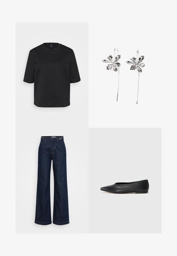 Juoda apvalios iškirptės marškinėliai pagaminti iš medvilnės, su trumpomis rankovėmis ir laisvu siluetu. Lygus tekstūra, be matomų raštų ar akcentų.; Tamsiai mėlynos aukštu liemeniu plačios kojų džinsai su mygtukų reguliatoriais ant liemens, priekinių kišenių ir užtrauktuko uždarymu.; Juodas odinis baleto batas, su smailiu pirštu, minimalistinio dizaino, lygiu paviršiumi, žemo profilio kulnu, be matomos aparatūros ar papuošimų.; Sidabrinės gėlių formos auskarai su tekstūruotu paviršiumi, turintys ilgas kabliuko formas ir žiedlapiams panašius detalizavimo elementus, sudarantys sudėtingą dizainą.