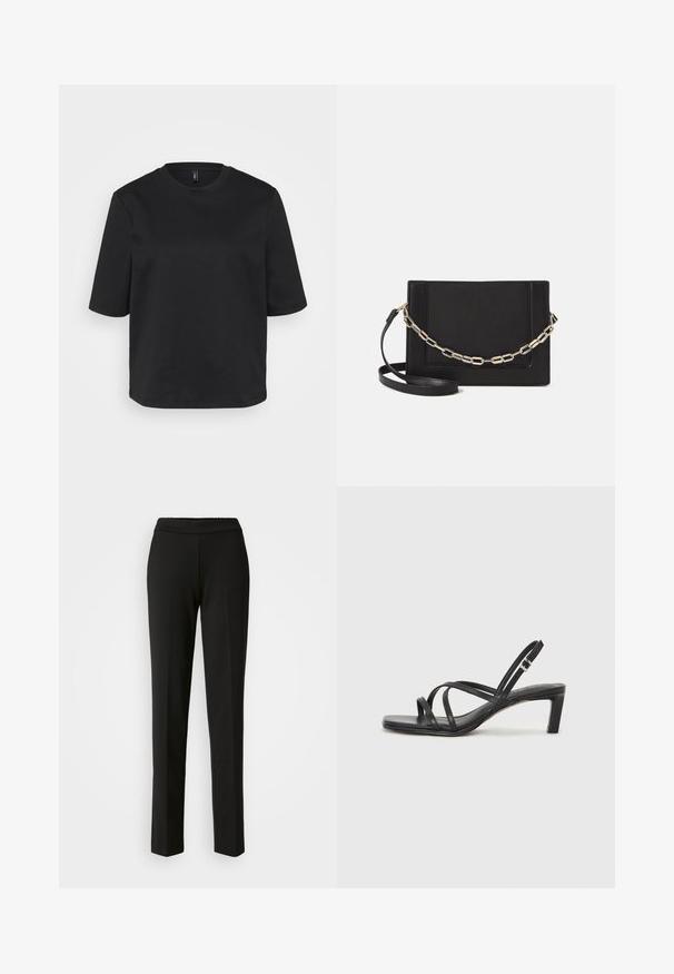 Mustapaita pyöreällä kaula-aukolla, joka on valmistettu puuvillasta. Paidassa on lyhyet hihat ja rento malli. Pintakuvio on sileä ilman näkyviä kuvioita tai yksityiskohtia.; Mustat suorat housut, joissa on joustava vyötärö. Valmistettu teksturoidusta kankaasta, jossa ei ole näkyviä kuvioita tai varusteita. Siisti, minimalistinen muotoilu.; Mustat hihnalligat, joissa on neliön muotoinen kärki ja matala lohkokorko. Ominaisuuksiin kuuluu useita ohuita hihnoja ja säädettävä nilkkahihna. Valmistettu sileästä nahasta.; Musta nahkainen olkalaukku, jossa on sileä pinta, suorakulmainen muoto ja metalliketju yksityiskohtana edessä. Mukana säädettävä hihna.