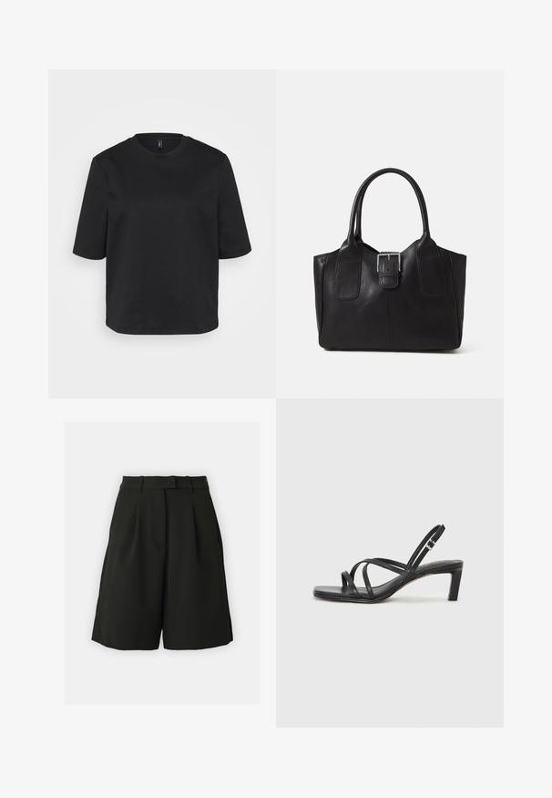 T-shirt noir à col rond en coton, avec des manches courtes et une coupe décontractée. Texture lisse sans motifs ni accents visibles.; Vero Moda Tall VMBECCA BERMUDA - Short - black; Sandale noire à lanières avec un bout carré et un petit talon bloc. Elle présente plusieurs fines lanières et une sangle de cheville ajustable. Fabriquée en cuir lisse.; Sac fourre-tout en cuir noir avec une texture lisse, une forme structurée, deux poignées et un détail en boucle argentée proéminent à l'avant.
