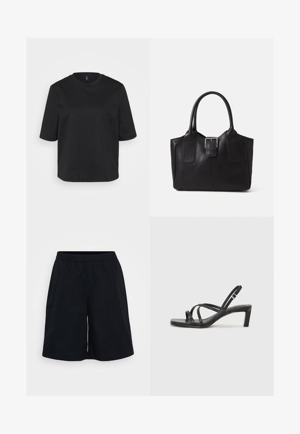Črno majico s kratkimi rokavi iz bombaža z okrožnim ovratnikom, ki ima sproščen kroj. Gladka tekstura brez vidnih vzorcev ali akcentov.; Črne atletske kratke hlače z elastičnim pasom, ohlapnim krojem in gladko teksturo. Oblikovanje je preprosto, brez vzorcev ali dodatkov.; Črne natikače s trakovi in kvadratnim prstom ter nizkim blokastim peto. Imajo več tankih trakov in nastavljiv trak okoli gležnja. Narejene so iz gladkega usnja.; Črna usnjena torba s gladko teksturo, strukturirano obliko, dvema ročkama in izrazitim srebrnim sponko na sprednji strani.