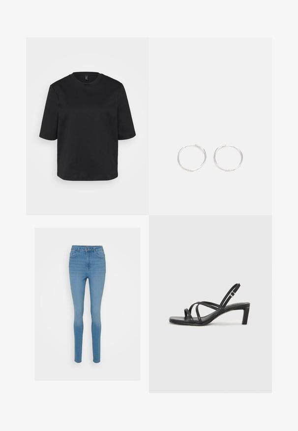 Camiseta negra de cuello redondo hecha de algodón, con mangas cortas y un corte relajado. Textura suave sin patrones o acentos visibles.; Jeans de denim azul ajustados con una cintura alta, bolsillos delanteros y cierre de cremallera. Presentan un ligero desgastado y detalles de costura a lo largo de las costuras.; Sandalia negra de tiras con punta cuadrada y tacón bajo de bloque. Presenta múltiples tiras delgadas y una correa ajustable en el tobillo. Fabricada en cuero suave.; Pendientes aros de plata con un diseño redondo y elegante, que presentan una superficie lisa y sin adornos visibles. Diámetro no especificado.