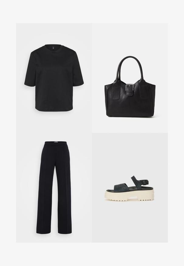 Crna majica s okruglim izrezom i kratkim rukavima napravljena od pamuka, s ležernim krojem. Glatka tekstura bez vidljivih uzoraka ili akcenta.; Crne široke hlače s glatkom teksturom, s visokim strukom i detaljima na srednjem šavu. Izrađene od lagane tkanine.; Crne ante sandale na platformu s debelim bijelim potplatom, širokim prednjim remenom i podesivom kopčom za gležanj. Teksturirani potplat za bolju prionjivost.; Crna kožna torba za nošenje s glatkom teksturom, strukturiranim oblikom, dvije ručke i istaknutim srebrnim kopčanjem na prednjoj strani.