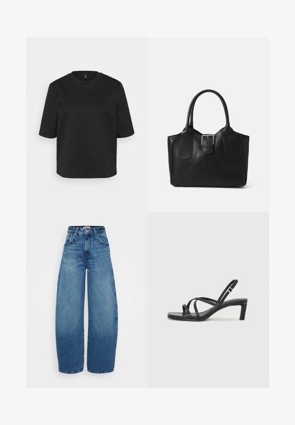 Črno majico s kratkimi rokavi iz bombaža z okrožnim ovratnikom, ki ima sproščen kroj. Gladka tekstura brez vidnih vzorcev ali akcentov.; Široke jeans hlače iz modrega denima z visokim pasom, s prelivom barve od svetle do temne, sprednjimi žepi in gumbnim zapiranjem.; Črne natikače s trakovi in kvadratnim prstom ter nizkim blokastim peto. Imajo več tankih trakov in nastavljiv trak okoli gležnja. Narejene so iz gladkega usnja.; Črna usnjena torba s gladko teksturo, strukturirano obliko, dvema ročkama in izrazitim srebrnim sponko na sprednji strani.