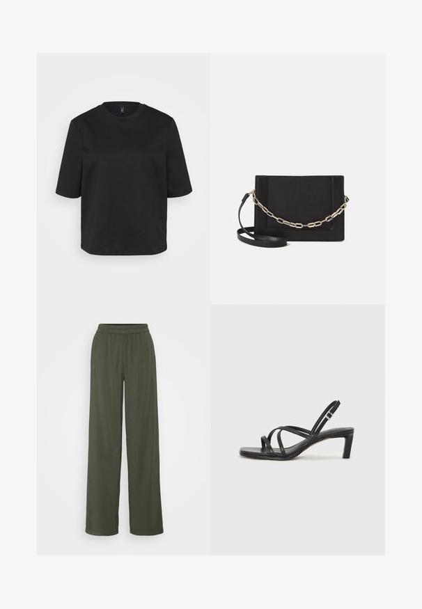 Melnā apģērbojamo crew-neck T-kreklā, izgatavotā no kokvilnas, ir īsas piedurknes un brīvs piegriezums. Gluda tekstūra bez redzamām rakstām vai akcentiem.; Olīvzaļa platās kāju bikses ar elastīgu jostu un mīkstu struktūru, ar brīvu piegriezumu un bez redzamām rakstām vai rotājumiem.; Melnas strappy sandales ar kvadrātveida purngaliem un zemu bloku papēdi. Ievērojamas ar vairākiem plāniem siksniņām un regulējamu potītes siksniņu. Izgatavotas no gludas ādas.; Melna ādas crossbody soma ar gludu faktūru, taisnstūrveida formu un metalizētu ķēdes detaļu priekšā. Iekļauta regulējama siksna.