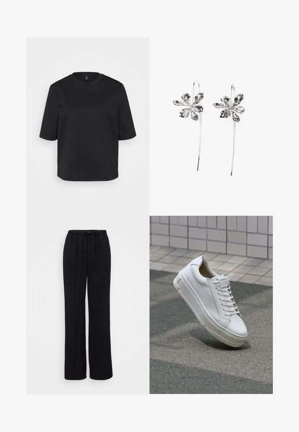 Camiseta negra de cuello redondo hecha de algodón, con mangas cortas y un corte relajado. Textura suave sin patrones o acentos visibles.; Pantalones negros de pierna ancha, hechos de una tela suave con cintura elástica y cordón. Presentan pliegues verticales para un ajuste relajado.; Zapatilla de cuero blanca con diseño bajo, cordones planos, punta redondeada y laterales texturizados. Suela de goma gruesa con acentos sutiles.; Pendientes de plata en forma de flor con un acabado texturizado, que presentan ganchos largos y detalles en forma de pétalos para un diseño intrincado.