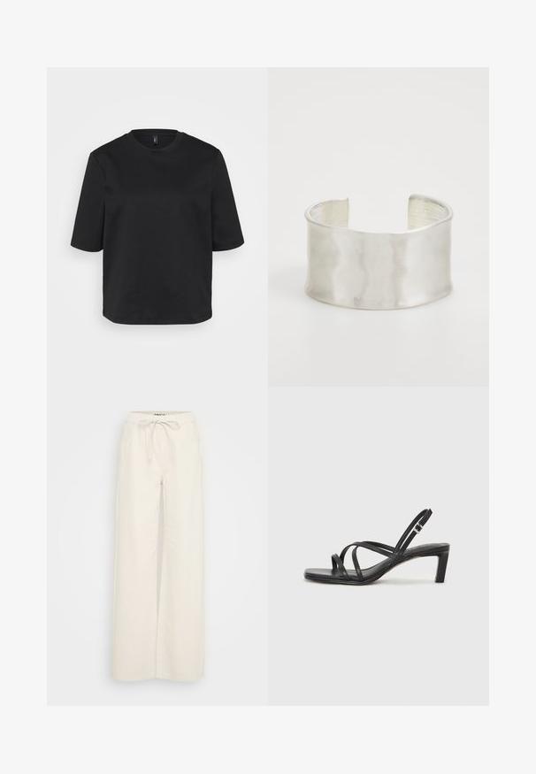 Schwarzes Rundhals-T-Shirt aus Baumwolle, mit kurzen Ärmeln und lockerer Passform. Glatte Textur ohne sichtbare Muster oder Akzente.; Weite Hosen aus off-white Baumwollstoff, ausgestattet mit einem elastischen Taillenbund und einem Kordelzug sowieSeitentaschen. Glatte Textur, minimalistisches Design.; Schwarze Sandale mit Riemchen, quadratischer Zehenform und niedrigem Blockabsatz. Verfügt über mehrere dünne Riemen und einen verstellbaren Knöchelriemen. Hergestellt aus glattem Leder.; Zign Armband - silver-coloured