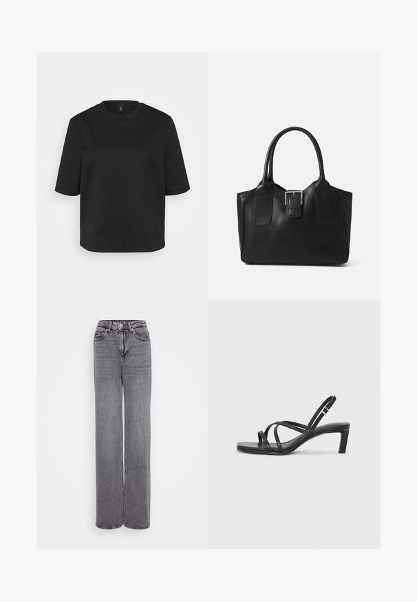 Juoda apvalios iškirptės marškinėliai pagaminti iš medvilnės, su trumpomis rankovėmis ir laisvu siluetu. Lygus tekstūra, be matomų raštų ar akcentų.; Pilki aukštai juosmeni džinsai su tiesiomis kojomis, mygtuko ir užtrauktuko uždarymu, penkiais kišenėmis ir tekstūruotais džinsais.; Juodi šlepetės su kvadratiniu pirštu ir žemu bloku kulnu. Yra keli ploni dirželiai ir reguliuojamas kulkšnies diržas. Pagaminti iš lygios odos.; Juodas odinis nešiojamas krepšys su lygiu paviršiumi, struktūrine forma, dviem rankenėlėmis ir ryškiu sidabriniu sagties akcentu priekyje.