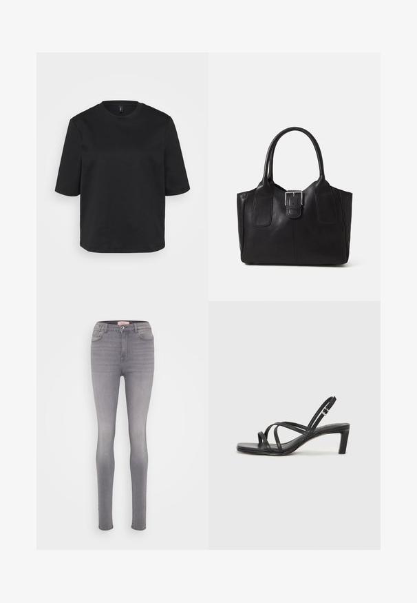 Fekete környakú pamut póló, rövid ujjal és laza fazonnal. Simaszövet, látható minták vagy díszítések nélkül.; Magas derekú, szűk szabású farmernadrág világosszürke színben, sima textúrával, öt zsebbel és finom varrási részletekkel.; Fekete pántos szandál négyzetes orral és alacsony blokk sarkal. Több vékony pánttal és állítható boka pánttal rendelkezik. Sima bőrből készült.; Fekete bőr bevásárlótáska sima textúrával, strukturált formával, két fogantyúval és egy figyelemfelkeltő ezüst csattal az elején.
