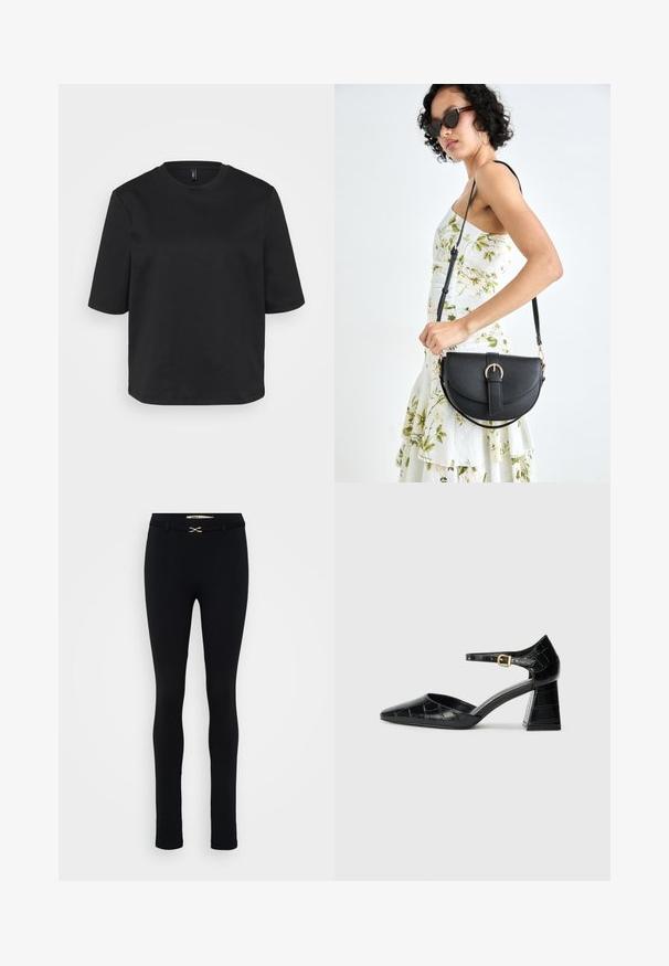 T-shirt preta de gola redonda, feita de algodão, com mangas curtas e um corte descontraído. Textura suave sem padrões ou detalhes visíveis.; Leggings pretas, ajustadas, com uma textura suave. Forma justa, com um detalhe dourado na cintura. Sem bolsos visíveis.; Sapato de salto alto em couro envernizado preto com bico apontado, tira no tornozelo e padrão texturizado de crocodilo. Design de salto quadrado.; Bolsa de couro preta com forma curva, alça destacável e detalhes em dourado. A bolsa possui uma aba com detalhe de fivela.