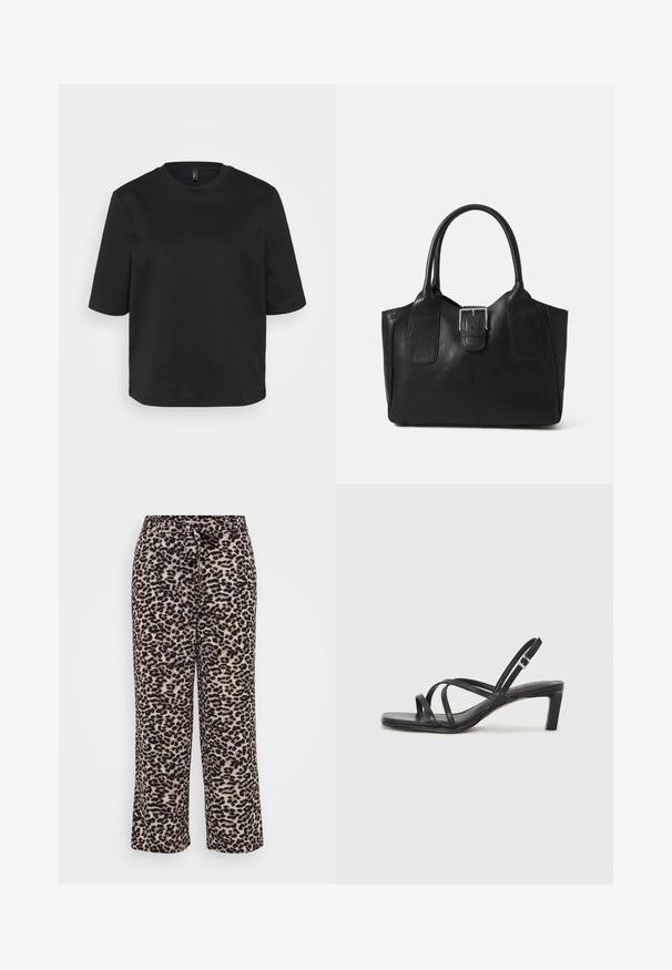 Svart t-skjorte med rund hals laget av bomull, med korte ermer og avslappet passform. Glatt tekstur uten synlige mønstre eller detaljer.; Videbukser laget av myk stoff, med et leopardmønster i beige og svart. Justerbar midje med knyte-detalj.; Sorte sandaler med stropper, firkantet tå og lav blokk hæl. Har flere tynne stropper og en justerbar ankelstropp. Laget av glatt lær.; Svart skinn toteveske med jevn tekstur, strukturert form, to håndtak og en fremtredende sølvspenne foran.