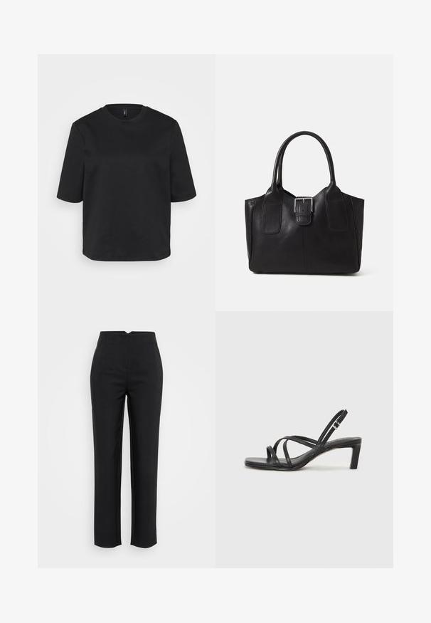 Melnā apģērbojamo crew-neck T-kreklā, izgatavotā no kokvilnas, ir īsas piedurknes un brīvs piegriezums. Gluda tekstūra bez redzamām rakstām vai akcentiem.; Melni bikses ar taisnu kāju dizainu, ar krokām priekšpusē un gludu auduma tekstūru. Iezīmē augstu jostasvietu un bez redzamām kabatām.; Melnas strappy sandales ar kvadrātveida purngaliem un zemu bloku papēdi. Ievērojamas ar vairākiem plāniem siksniņām un regulējamu potītes siksniņu. Izgatavotas no gludas ādas.; Melnas ādas somiņa ar gludu tekstūru, strukturētu formu, divām rokturām un izteiktu sudraba sprādzi priekšpusē.