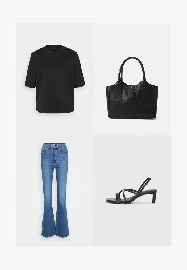 Black crew-neck t-shirt made of cotton, featuring short sleeves and a relaxed fit. Smooth texture with no visible patterns or accents.; Flared blue denim jeans with a high waist, featuring stitched pockets, metal button, and a smooth texture. Classic five-pocket design.; Black strappy sandal with a square toe and a low block heel. Features multiple thin straps and an adjustable ankle strap. Made of smooth leather.; Black leather tote bag with smooth texture, structured shape, two handles, and a prominent silver buckle detail on the front.