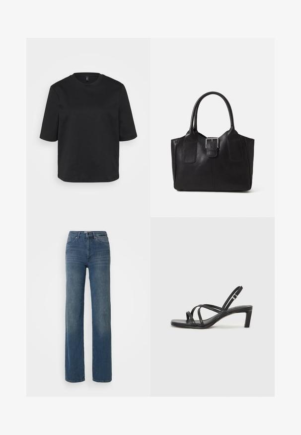 Melnā apģērbojamo crew-neck T-kreklā, izgatavotā no kokvilnas, ir īsas piedurknes un brīvs piegriezums. Gluda tekstūra bez redzamām rakstām vai akcentiem.; Zilās augsto jostasvietu taisnās kājas džinsi ar priekšējiem kabatām, jostu cilpiņām, pogu un rāvējslēdzēju. Neliels izbalējums augšstilbu rajonā.; Melnas strappy sandales ar kvadrātveida purngaliem un zemu bloku papēdi. Ievērojamas ar vairākiem plāniem siksniņām un regulējamu potītes siksniņu. Izgatavotas no gludas ādas.; Melnas ādas somiņa ar gludu tekstūru, strukturētu formu, divām rokturām un izteiktu sudraba sprādzi priekšpusē.