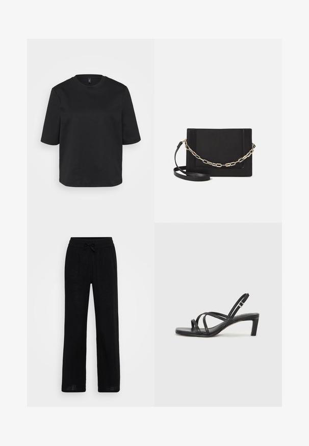 Svart t-skjorte med rund hals laget av bomull, med korte ermer og avslappet passform. Glatt tekstur uten synlige mønstre eller detaljer.; Svarte lin brede bukser med elastisk midjebånd og snøring. Glatt tekstur, pustende stoff og hel lengde.; Sorte sandaler med stropper, firkantet tå og lav blokk hæl. Har flere tynne stropper og en justerbar ankelstropp. Laget av glatt lær.; Svart lær crossbody-veske med glatt tekstur, rektangulær form og metallkjede detaljer på framsiden. Justerbar stroppe inkludert.