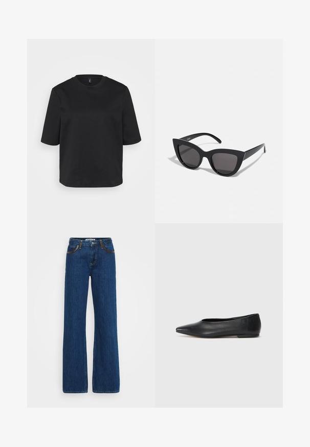 Melnā apģērbojamo crew-neck T-kreklā, izgatavotā no kokvilnas, ir īsas piedurknes un brīvs piegriezums. Gluda tekstūra bez redzamām rakstām vai akcentiem.; Zilas džinsu bikses ar izflāzētu apakšu, kontrastējošiem diegiem, piecu kabatu dizainu un rāvējslēdzēja jostu. Audums ir mīksts ar nelielu nodilušu izskatu.; Melna ādas baleta kurpe, ar norādītu purngalu, minimālisma dizains, gluda tekstūra, zema papēža augstums, bez redzamiem aksesuāriem vai rotājumiem.; Melnas kaķa acs saulesbrilles ar matētu apdari, ar pelēkiem tonētiem stikliem, izteiktiem stūriem un elegantiem sānu rokturiem. Zīmola nosaukums redzams uz iekšējā roktura.