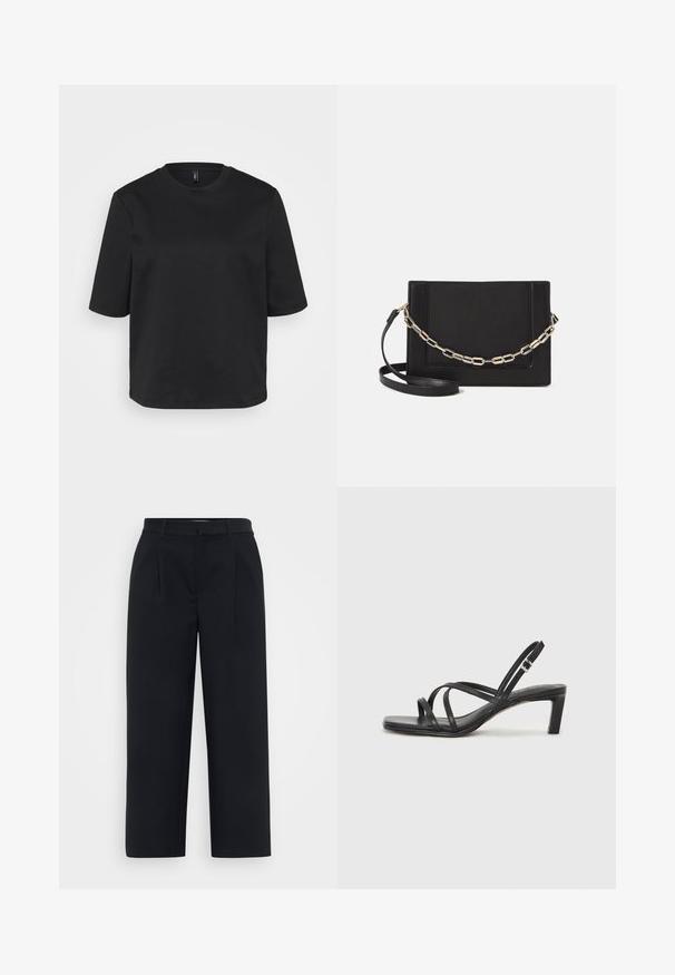 Schwarzes Rundhals-T-Shirt aus Baumwolle, mit kurzen Ärmeln und lockerer Passform. Glatte Textur ohne sichtbare Muster oder Akzente.; Schwarze weit geschnittene Hosen aus einem glatten Stoff. Sie verfügen über Falten an der Vorderseite, einen taillierten Bund und einen sauberen Saum ohne sichtbare Verschlüsse.; Schwarze Sandale mit Riemchen, quadratischer Zehenform und niedrigem Blockabsatz. Verfügt über mehrere dünne Riemen und einen verstellbaren Knöchelriemen. Hergestellt aus glattem Leder.; Schwarze Leder-Crossbody-Tasche mit glatter Textur, rechteckiger Form und metallic-kettendetail auf der Vorderseite. Verstellbarer Gurt inklusive.