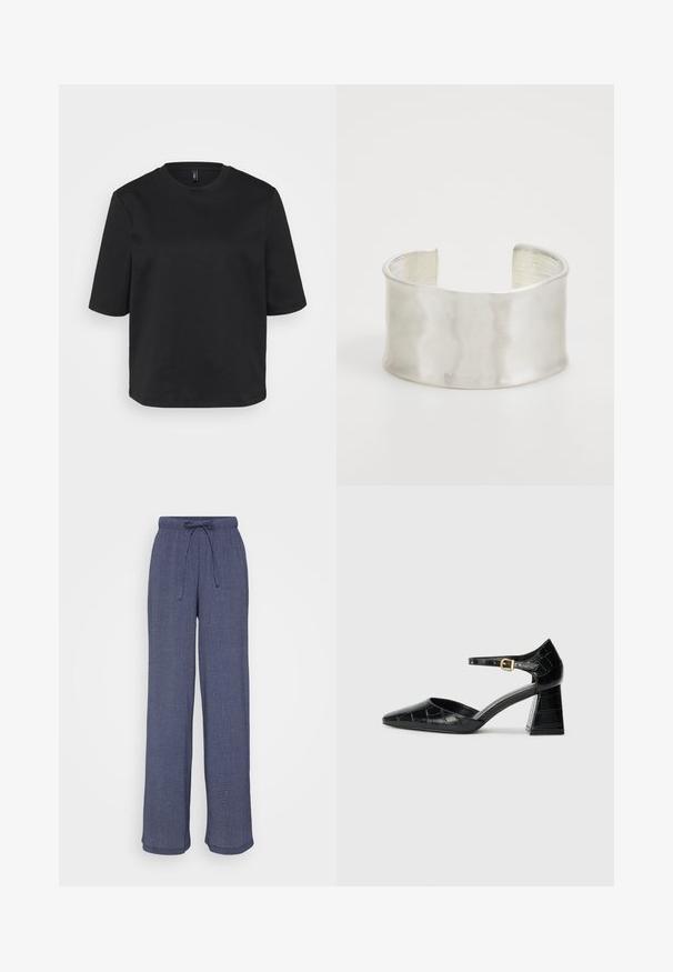 T-shirt noir à col rond en coton, avec des manches courtes et une coupe décontractée. Texture lisse sans motifs ni accents visibles.; Pantalons larges marine en tissu texturé, dotés d'une taille élastique avec cordon de serrage et d'une coupe décontractée sur toute la jambe.; Chaussure à talons hauts en cuir verni noir avec un bout pointu, une bride de cheville et un motif crocodile texturé. Design de talon carré.; Zign Bracelet - silver-coloured
