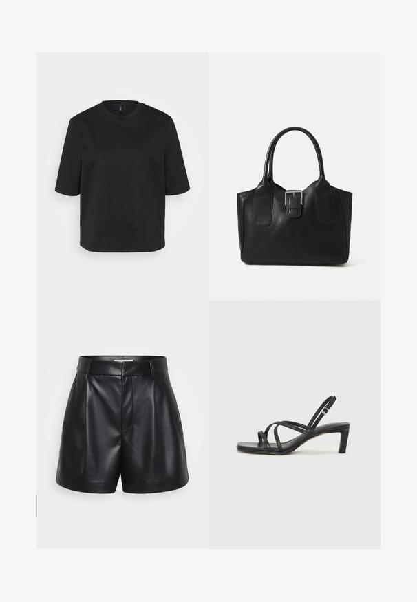 Camiseta negra de cuello redondo hecha de algodón, con mangas cortas y un corte relajado. Textura suave sin patrones o acentos visibles.; Pantalones cortos de cuero negros con cintura alta, parte delantera plisada y bolsillos laterales. Textura suave con un acabado pulido.; Sandalia negra de tiras con punta cuadrada y tacón bajo de bloque. Presenta múltiples tiras delgadas y una correa ajustable en el tobillo. Fabricada en cuero suave.; Bolso tote de cuero negro con textura suave, forma estructurada, dos asas y un prominente detalle de hebilla plateada en la parte frontal.