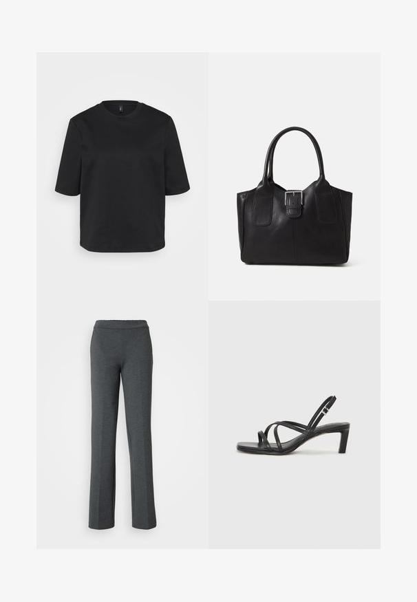 Svart t-skjorte med rund hals laget av bomull, med korte ermer og avslappet passform. Glatt tekstur uten synlige mønstre eller detaljer.; Grå, lette, flagrende bukser med elastisk talje. Glat tekstur og et enkelt design, velegnet til afslappet brug.; Sorte sandaler med stropper, firkantet tå og lav blokk hæl. Har flere tynne stropper og en justerbar ankelstropp. Laget av glatt lær.; Svart skinn toteveske med jevn tekstur, strukturert form, to håndtak og en fremtredende sølvspenne foran.
