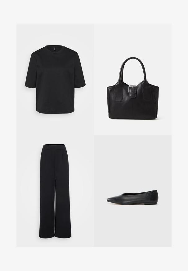 Black crew-neck t-shirt made of cotton, featuring short sleeves and a relaxed fit. Smooth texture with no visible patterns or accents.; ONLY Tall ONLNEW KLARA EVI LIFE CLEAN - Trousers - black; Black leather ballet flat, pointed toe, minimalistic design, smooth texture, low-profile heel, no visible hardware or embellishments.; Black leather tote bag with smooth texture, structured shape, two handles, and a prominent silver buckle detail on the front.