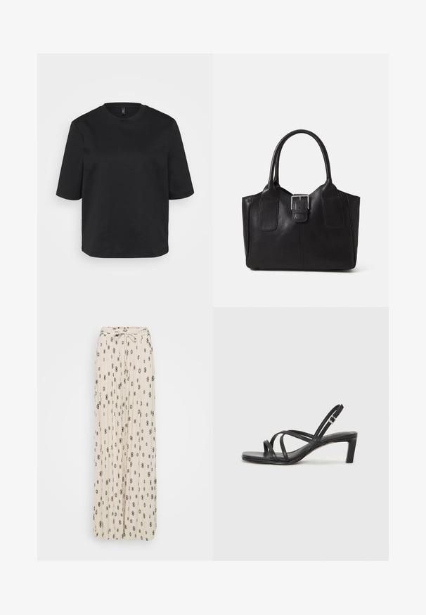 Čierny tričko s okrúhlym výstrihom vyrobené z bavlny, s krátkymi rukávmi a voľným strihom. Hladká textúra bez viditeľných vzorov alebo akcentov.; Krémová maxi sukňa s čiernymi diamantovými a kvetinovými vzormi, skladaná textília, detail s viazaním v páse a vzdušný strih.; Čierne sandále na vysokom podpätku so štvorcovou špičkou a nízkym blokovým podpätkom. Obsahujú viacero tenkých popruhov a nastaviteľný členkový popruh. Vyrobené z hladkej kože.; Čierna kožená taška s hladkou textúrou, štruktúrovaným tvarom, dvoma uchami a výrazným strieborným prackovým detailom na prednej strane.