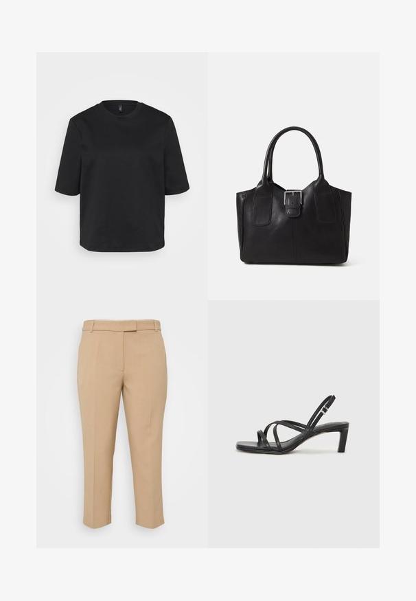 Čierny tričko s okrúhlym výstrihom vyrobené z bavlny, s krátkymi rukávmi a voľným strihom. Hladká textúra bez viditeľných vzorov alebo akcentov.; Béžové elegantné nohavice s rovný strihom, stredne vysokým pásom a bočnými vreckami. Hladká textúra s ostrými skladmi a manžetami pri členkoch.; Čierne sandále na vysokom podpätku so štvorcovou špičkou a nízkym blokovým podpätkom. Obsahujú viacero tenkých popruhov a nastaviteľný členkový popruh. Vyrobené z hladkej kože.; Čierna kožená taška s hladkou textúrou, štruktúrovaným tvarom, dvoma uchami a výrazným strieborným prackovým detailom na prednej strane.