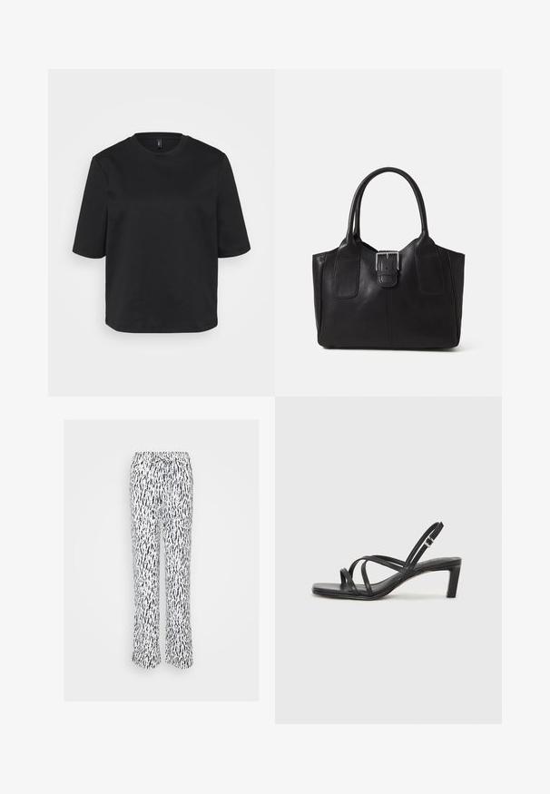 Tricou negru cu gât rotund, din bumbac, cu mâneci scurte și o croială lejeră. Textură netedă, fără modele sau accente vizibile.; Pantaloni albi cu un model abstract în nuanțe de navy, având un tiv elastic și un șnur ajustabil. Design cu picioare drepte și o croială lejeră.; Sandal cu barete negre, cu vârf pătrat și toc mic de bloc. Prezintă mai multe barete subțiri și o bareta ajustabilă la gleznă. Fabricat din piele netedă.; Geantă tote din piele neagră cu textură netedă, formă structurată, două mânere și un detaliu proeminent din aliaj de argint pe partea din față.