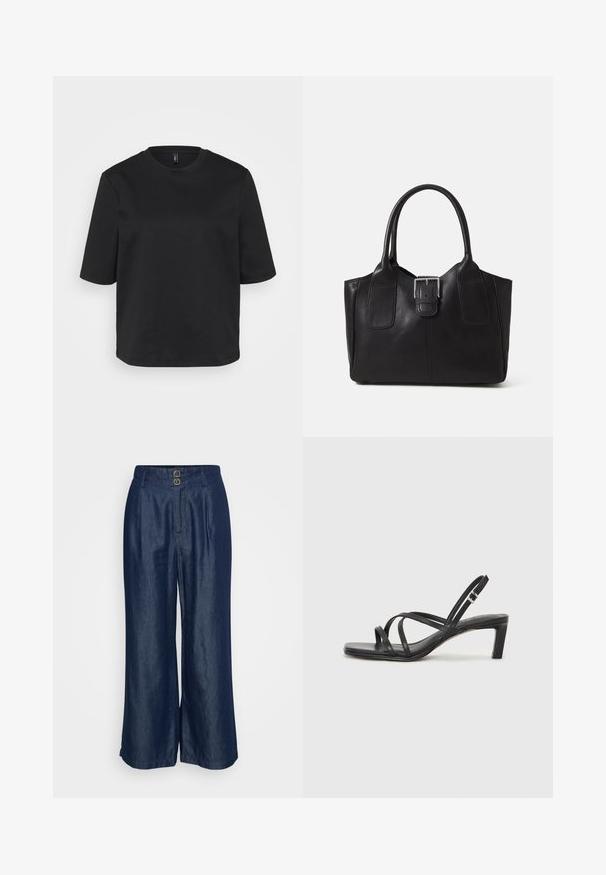 Svart t-skjorte med rund hals laget av bomull, med korte ermer og avslappet passform. Glatt tekstur uten synlige mønstre eller detaljer.; Bredde bukser i mørk denim. Har to frontknapper, et plissert design og en glatt tekstur. Rett snitt med full lengde på kanten.; Sorte sandaler med stropper, firkantet tå og lav blokk hæl. Har flere tynne stropper og en justerbar ankelstropp. Laget av glatt lær.; Svart skinn toteveske med jevn tekstur, strukturert form, to håndtak og en fremtredende sølvspenne foran.