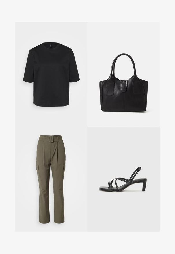 Black crew-neck t-shirt made of cotton, featuring short sleeves and a relaxed fit. Smooth texture with no visible patterns or accents.; Olive green cargo pants with a belted waist, straight legs, two side pockets, and a smooth fabric texture.; Black strappy sandal with a square toe and a low block heel. Features multiple thin straps and an adjustable ankle strap. Made of smooth leather.; Black leather tote bag with smooth texture, structured shape, two handles, and a prominent silver buckle detail on the front.