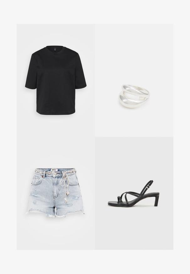 Black crew-neck t-shirt made of cotton, featuring short sleeves and a relaxed fit. Smooth texture with no visible patterns or accents.; Light blue denim shorts with a frayed hem, distressed details, adjustable beige drawstring, and a branded label on the waistband.; Black strappy sandal with a square toe and a low block heel. Features multiple thin straps and an adjustable ankle strap. Made of smooth leather.; Silver double-band ring with a smooth, polished surface. Features a fluid, curved design with overlapping sections for a modern look.