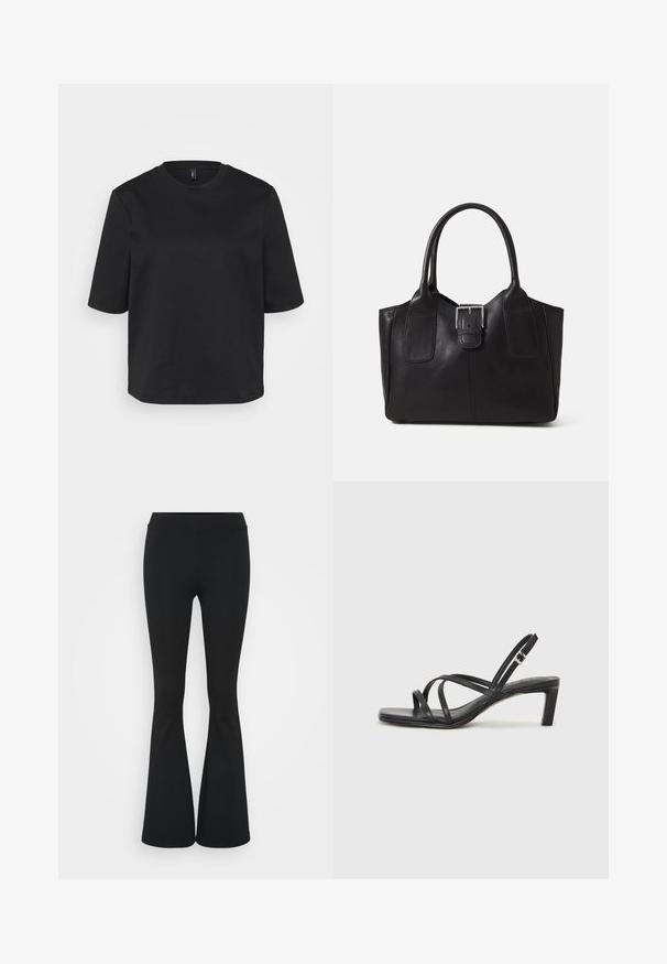 T-shirt noir à col rond en coton, avec des manches courtes et une coupe décontractée. Texture lisse sans motifs ni accents visibles.; Pantalon évasé noir en tissu extensible, présentant une taille haute et une texture lisse. Le pantalon s'élargit à partir du genou.; Sandale noire à lanières avec un bout carré et un petit talon bloc. Elle présente plusieurs fines lanières et une sangle de cheville ajustable. Fabriquée en cuir lisse.; Sac fourre-tout en cuir noir avec une texture lisse, une forme structurée, deux poignées et un détail en boucle argentée proéminent à l'avant.