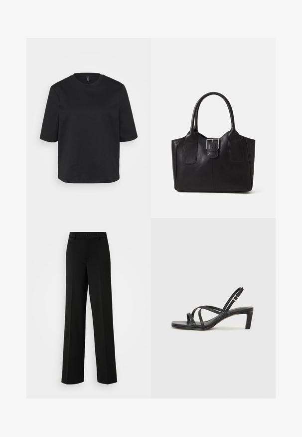 Svart t-skjorte med rund hals laget av bomull, med korte ermer og avslappet passform. Glatt tekstur uten synlige mønstre eller detaljer.; ONLY Tall ONLPEACH LIFE WIDE - Bukse - black; Sorte sandaler med stropper, firkantet tå og lav blokk hæl. Har flere tynne stropper og en justerbar ankelstropp. Laget av glatt lær.; Svart skinn toteveske med jevn tekstur, strukturert form, to håndtak og en fremtredende sølvspenne foran.