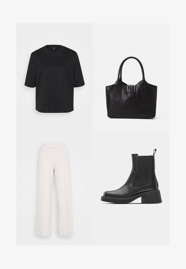 Fekete környakú pamut póló, rövid ujjal és laza fazonnal. Simaszövet, látható minták vagy díszítések nélkül.; Világos bézs, bő szárú nadrág, puha anyagból készült, sima derekkal és látható varrásokkal az elején.; Fekete bőr bokacsizma elasztikus oldalsó panelekkel, kerek orral és vastag blokk sarokkal. Sima textúra, minimalista design.; Fekete bőr bevásárlótáska sima textúrával, strukturált formával, két fogantyúval és egy figyelemfelkeltő ezüst csattal az elején.