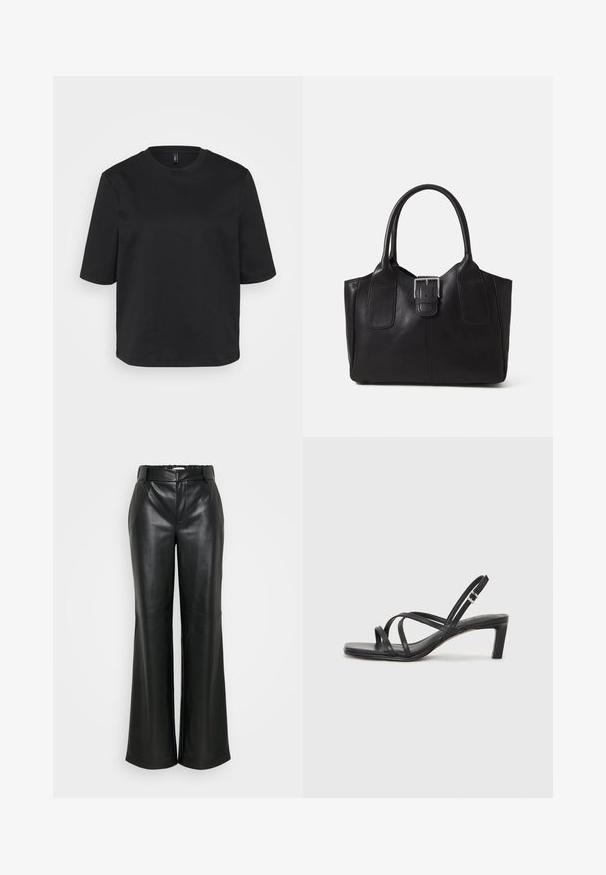 Svart t-skjorte med rund hals laget av bomull, med korte ermer og avslappet passform. Glatt tekstur uten synlige mønstre eller detaljer.; ONLY Tall ONLSMOOTH WIDE - Bukse - black; Sorte sandaler med stropper, firkantet tå og lav blokk hæl. Har flere tynne stropper og en justerbar ankelstropp. Laget av glatt lær.; Svart skinn toteveske med jevn tekstur, strukturert form, to håndtak og en fremtredende sølvspenne foran.