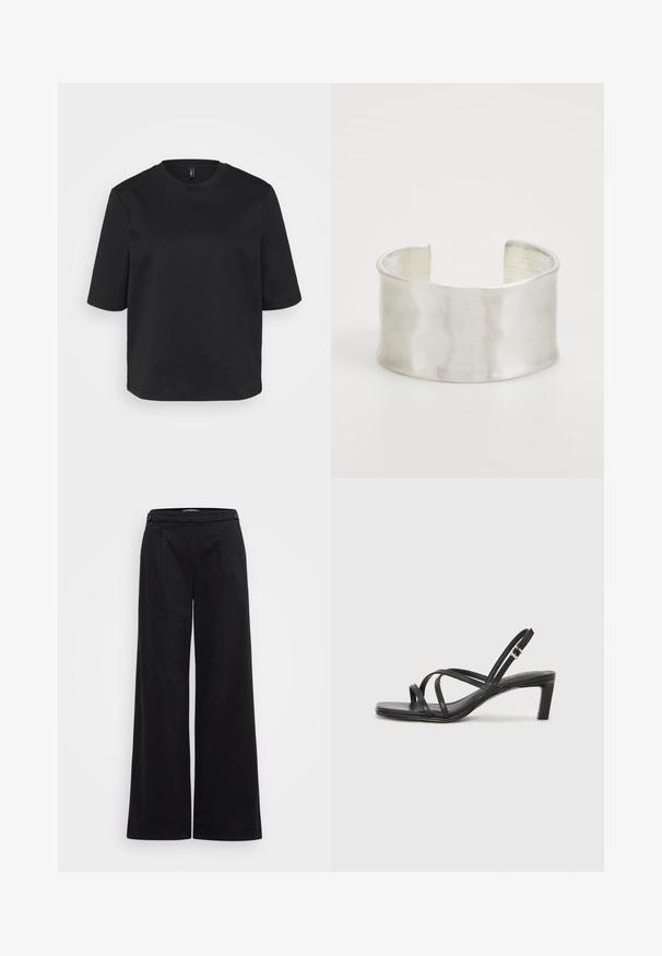 Black crew-neck t-shirt made of cotton, featuring short sleeves and a relaxed fit. Smooth texture with no visible patterns or accents.; Black wide-leg trousers with a smooth texture, featuring side pleats, a fitted waistband, and two buttons at the front.; Black strappy sandal with a square toe and a low block heel. Features multiple thin straps and an adjustable ankle strap. Made of smooth leather.; Zign Bracelet - silver-coloured