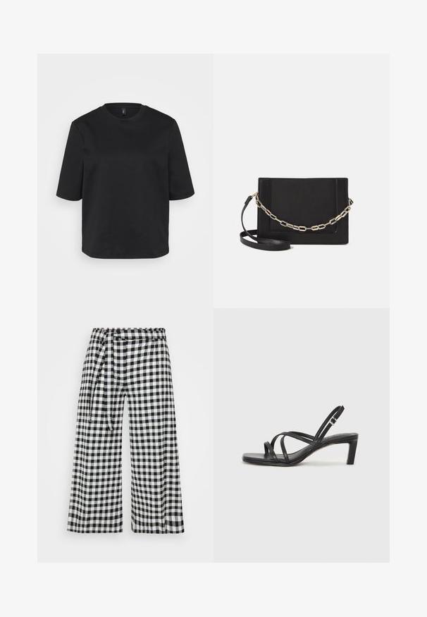 Black crew-neck t-shirt made of cotton, featuring short sleeves and a relaxed fit. Smooth texture with no visible patterns or accents.; Black and white gingham-patterned wide-leg pants with an elastic waistband, tie belt, and a relaxed fit, made from lightweight fabric.; Black strappy sandal with a square toe and a low block heel. Features multiple thin straps and an adjustable ankle strap. Made of smooth leather.; Black leather crossbody bag featuring a smooth texture, rectangular shape, and a metallic chain detail on the front. Adjustable strap included.