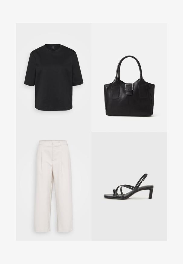 Tricou negru cu gât rotund, din bumbac, cu mâneci scurte și o croială lejeră. Textură netedă, fără modele sau accente vizibile.; Pantaloni bej cu picioare largi, realizați dintr-un material neted, cu două pliuri frontale, o talie cu bucle pentru curea și un tiv drept.; Sandal cu barete negre, cu vârf pătrat și toc mic de bloc. Prezintă mai multe barete subțiri și o bareta ajustabilă la gleznă. Fabricat din piele netedă.; Geantă tote din piele neagră cu textură netedă, formă structurată, două mânere și un detaliu proeminent din aliaj de argint pe partea din față.