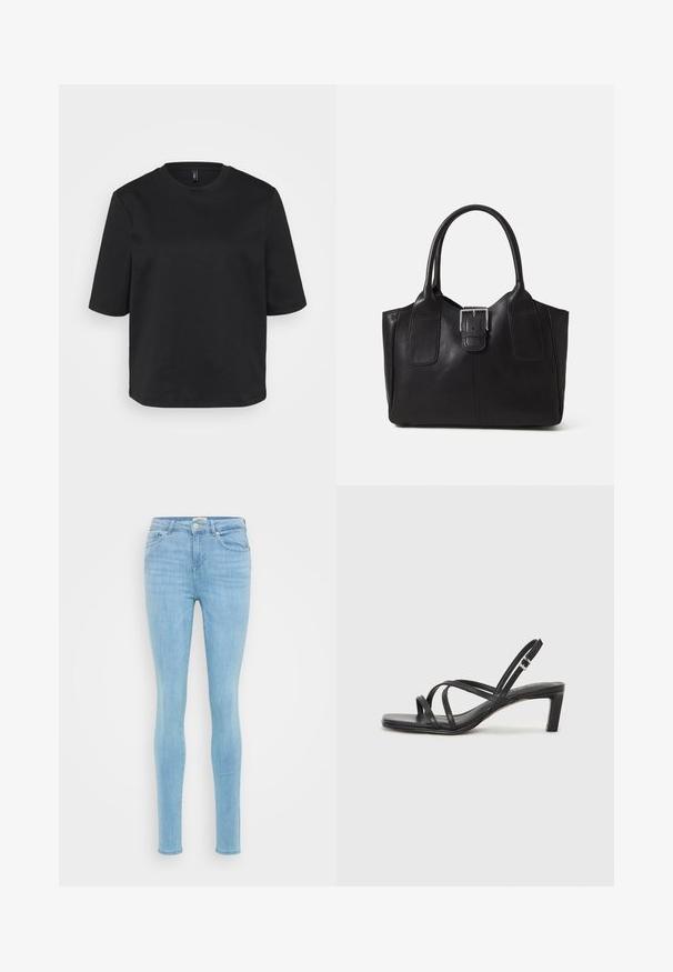 Fekete környakú pamut póló, rövid ujjal és laza fazonnal. Simaszövet, látható minták vagy díszítések nélkül.; Világoskék, skinny szabású farmernadrág sima felülettel, gombos zárással, öt zsebbel és minimális kopással. Standard farmer dizájn.; Fekete pántos szandál négyzetes orral és alacsony blokk sarkal. Több vékony pánttal és állítható boka pánttal rendelkezik. Sima bőrből készült.; Fekete bőr bevásárlótáska sima textúrával, strukturált formával, két fogantyúval és egy figyelemfelkeltő ezüst csattal az elején.