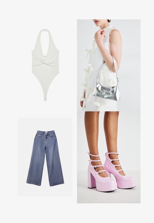 Hvit halterneck bodysuit med dyp V-hals og vridd frontdesign. Laget av et glatt, elastisk stoff, har thong-kutt.; Bredde ben jeans i lys blå vask, med høy livhøyde, frontlommer og knappelukking med beltehemper.; Koi Footwear PEARL DEWDROP PLATFORM HEELS - Høye hæler - pink; Sølvmetallisk håndveske med en strukturert form, med en topphåndtak og sløyfedetalj foran. Glatt tekstur, reflekterende overflate.