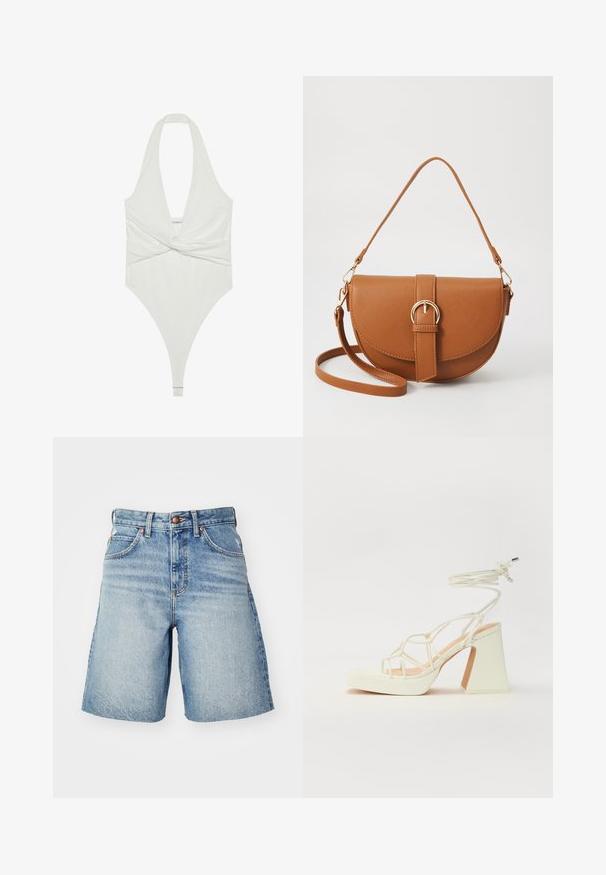 Hvit halterneck bodysuit med dyp V-hals og vridd frontdesign. Laget av et glatt, elastisk stoff, har thong-kutt.; Denimshorts i lyseblå farge med høy midje, med knappelukking, fem lommer og lett falming for et slitt utseende.; Hvit høyhælte sandal med kraftig hæl, med en stroppe-design og ankelbånd. Glatt tekstur med plattform foran for ekstra høyde.; Brun lærcrossbody-veske med en buet form, gullhardware og et spenneakcent. Har en avtakbar skulderreim.