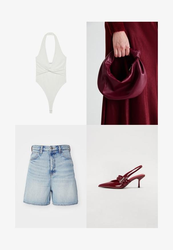 Balta halter tipa bodijs ar dziļu V veida kakla izgriezumu un savērptu priekšpusi. Izgatavots no gludas, elastīgas auduma, ar bikinī tipa griezumu.; Gai zila džinsu šortos ar augstu jostasvietu, piecu kabatu dizains, pogas aizdare un plūstošs malums. Gluda tekstūra ar izbalējušām zonām.; Sarkana lakota ādas kurpju kurpes ar atvērtu papēdi, norādītu purngalu, divām sprādzēm un slaidu, vidēja augstuma stiletu papēdi. Gluda tekstūra.; Burgundijas ādas rokassoma ar mīkstu, sakrautu dizainu un apaļu formu. Rokturi ir nostiprināti, parādot gludu tekstūru.