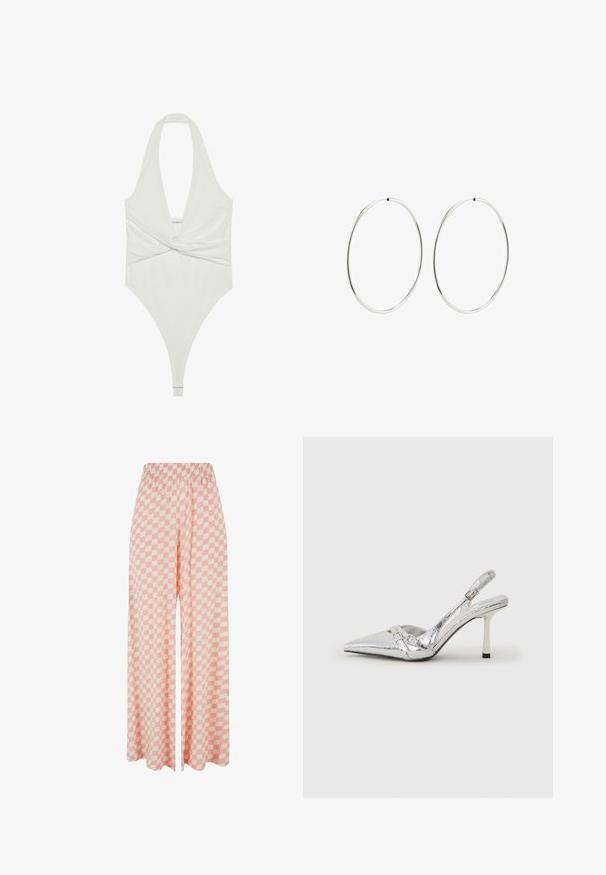 Valge riidekaelusega bodysuit, millel on sügav V-kujuline kaelus ja keerduv eesmine disain. Valmistatud siledast ja venivast kangast, omab stringi lõiget.; Heledad roosa laiad püksid, millel on vahelduvad šeeritud mustrid, ja mugavuseks elastne vöökoht.; Hõbedased slingback kõrged kontsad terava ninaga, metalne viimistlus, kaks dekoratiivset rihma ja sihvakad kontsad musta otsaga.; Hõbedased rõngaskõrvarõngad, millel on sujuv, ümmargune disain ja poleeritud viimistlus. Need on õhukesed ja kerged, omades lihtsat klambrit.