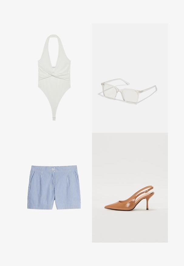 Vit halterneck bodysuit med djup V-ringning och tvistad framsida. Tillverkad av ett mjukt, elastiskt tyg, har en tanga-snitt.; Blå och vita rutiga shorts med knäppning, veck och en slät tygkvalitet. Kort längd med sidofickor.; Tåspets slingback-häl i ett slätt, glansigt brunt material. Har en kurvad utskärning och en smal stilettklack. Silverdetalj med spänne.; Klart plastfyrkantiga glasögon med genomskinliga linser, med guldfärgade detaljer på bågarna för extra stil.; Vit syntetisk handväska med triangulär form, platt framklaff och rosettdetalj, justerbar rem, slät textur och minimalistisk design.