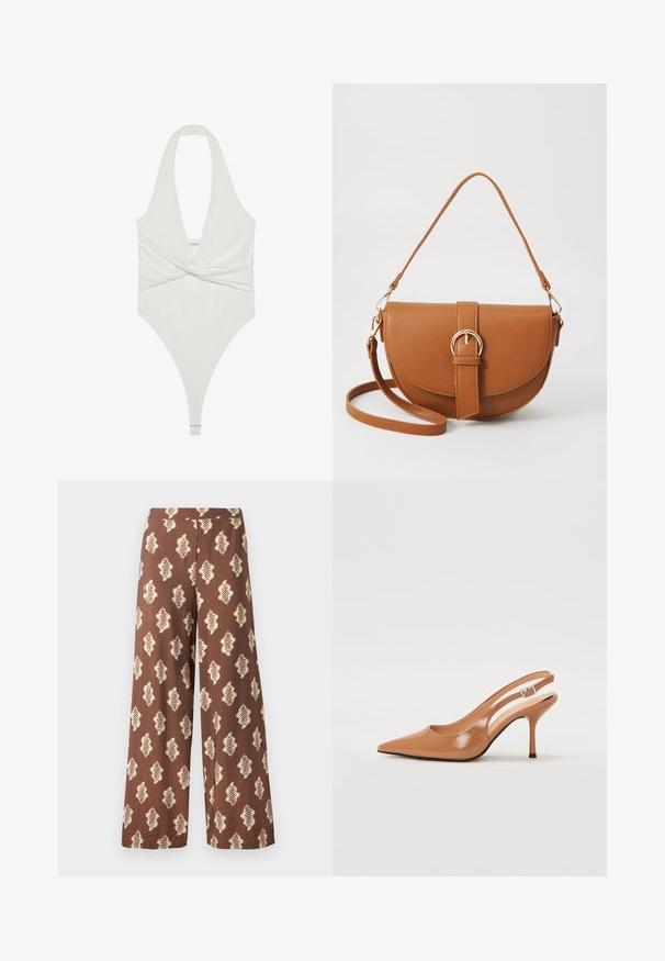 Valge riidekaelusega bodysuit, millel on sügav V-kujuline kaelus ja keerduv eesmine disain. Valmistatud siledast ja venivast kangast, omab stringi lõiget.; Laiad pruunid püksid, mis on valmistatud tekstuurses kangas, millel on korduv kreemjas lehe muster. Elastne vöökoht.; Küüntega slingback konts, mis on valmistatud siledast ja läikivast tan värvi materjalist. Omab kaarjat lõigatud disaini ja õhukest stiletto kontsa. Hõbedane pandla detail.; Pruun nahast õlakott, millel on kumer kuju, kullavärvi riistvara ja pandlaga kaunistus. Omab eemaldatavat õlarihma.