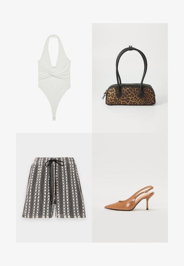 Balta halter tipa bodijs ar dziļu V veida kakla izgriezumu un savērptu priekšpusi. Izgatavots no gludas, elastīgas auduma, ar bikinī tipa griezumu.; Melnas un baltas šortus ar zīmējumu, kuriem ir aukliņu viduklis, ar vertikālām svītrām un ziedu rakstiem visā virsmā.; Izteikts pirksta siksnas zābaks, izgatavots no gludas, spīdīgas brūnas materiāla. Piedāvā izliekta izgriezuma dizainu un smalku stiletto papēdi. Sudraba sprādze.; Lāču raksta rokassoma ar melnu mākslīgo ādu, divām augšējām rokturēm, zelta rāvējslēdzēju un akcentiem no melnas mākslīgās ādas. Taisnstūra forma.